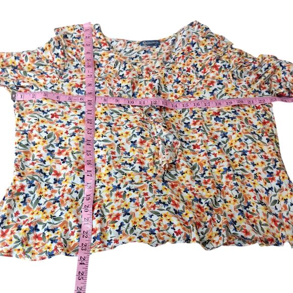 DEMOCRACY Blouse Top Shirt Size‎ XL Boho Floral Ruffled V-Neck Yellow Blue - Picture 9 of 10